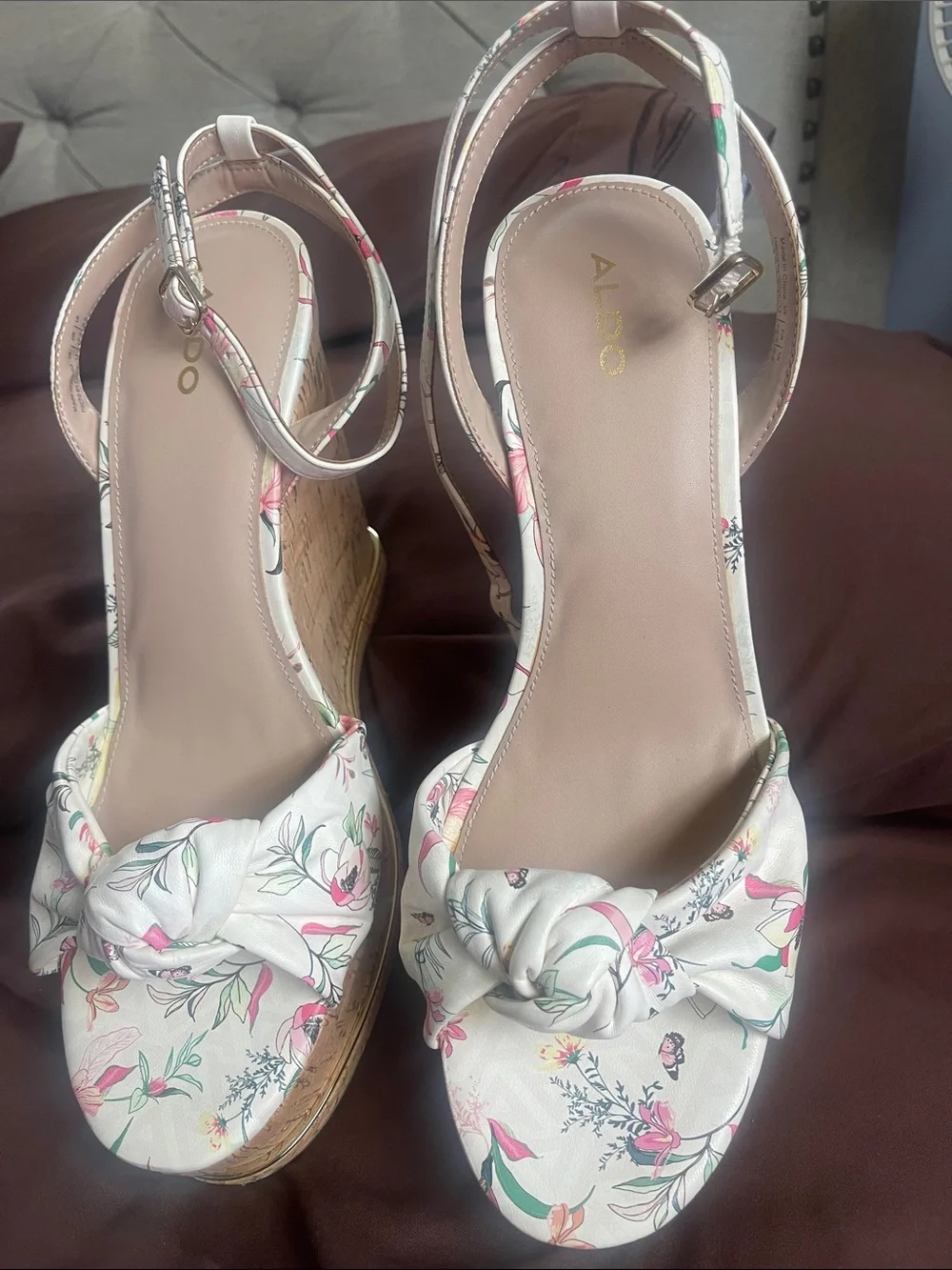 ALDO White Floral Knot Espadrille Wedge Sandals with Pink & Green Accents